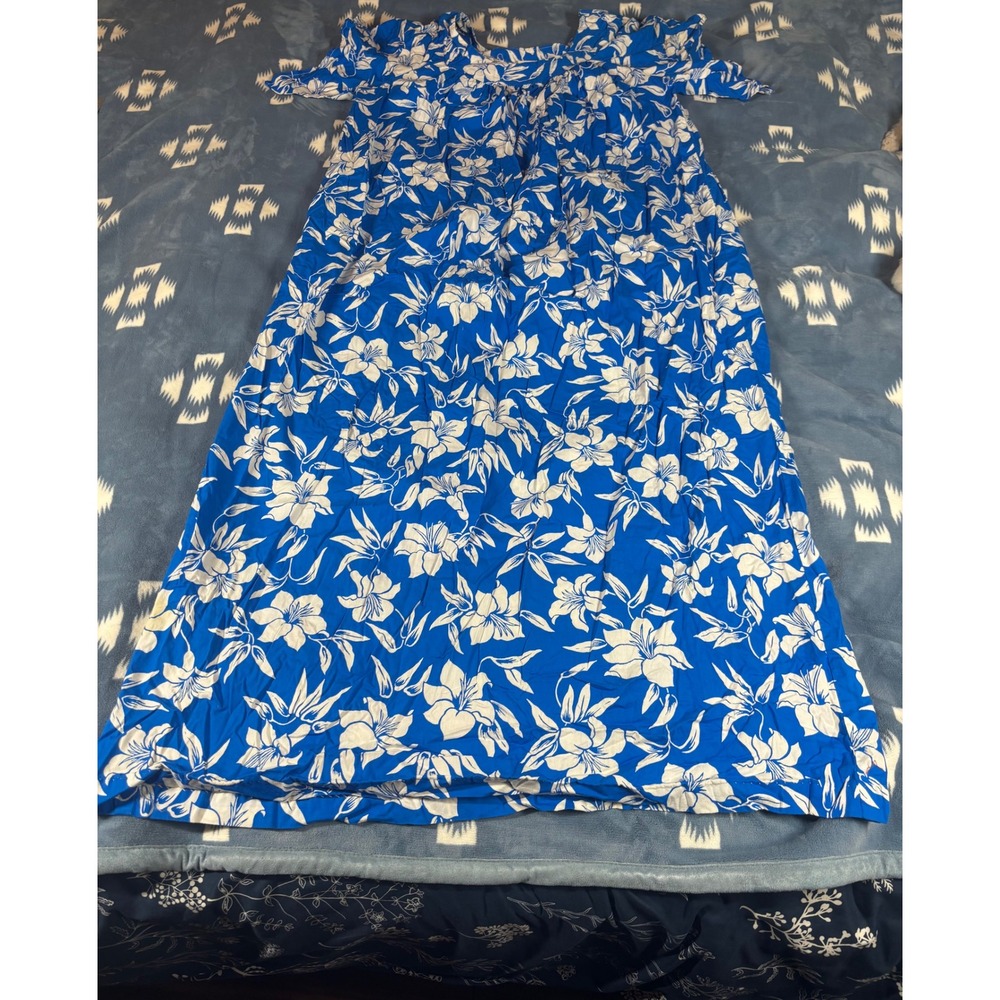 Vintage Sears Blue White Floral Cotton Muumuu Maxi Dress Short Sleeve L/XL